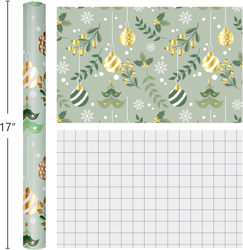 Retrify Light Green Wrapping Paper Roll - Metallic Gold Foil Bells, Berry and White Snowflake Mini Roll Gift Wrap Paper for Christmas Holiday Festive Decoration - 17 Inches x 32.8 Feet - Image 4